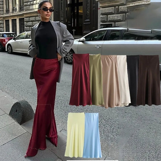 Vintage Satin Solid Long Skirts Women High Waist Elastic Silky Skirts Fashion 2025 Spring Elegant Straight Skirt