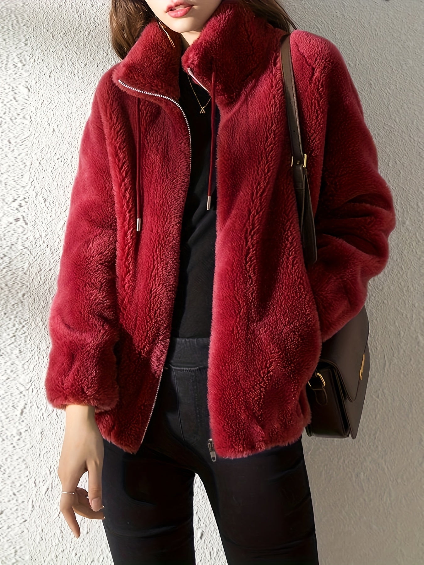 Women'S Plush Jacket - Soft Warm Winter Coat with Stand-Up Collar