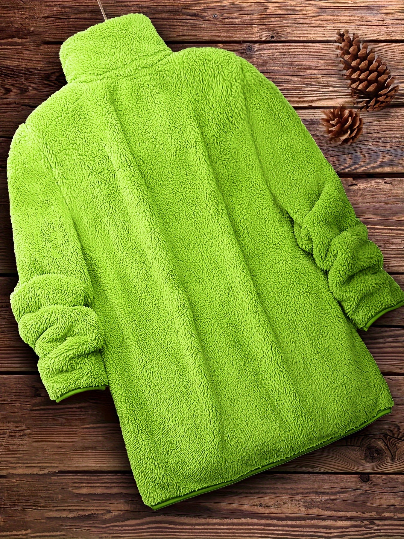 Zip Up Solid Teddy Coat, Casual Long Sleeve Winter Outerwear, Women's Clothing