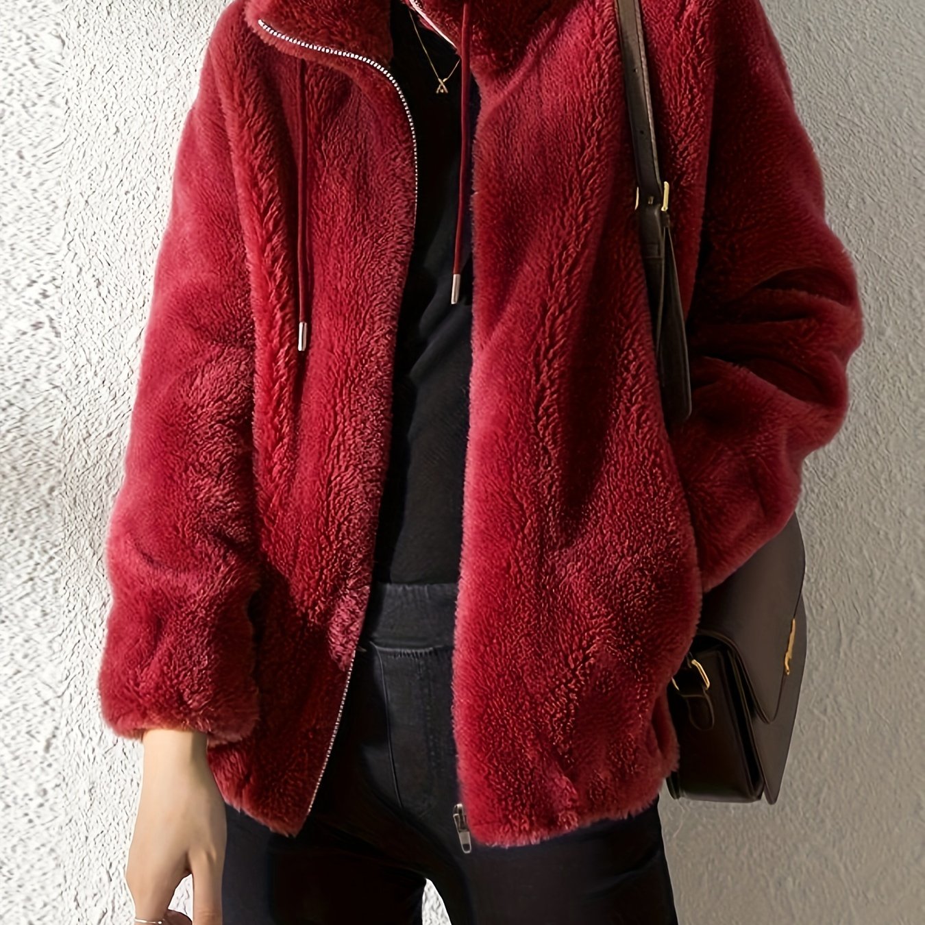 Women'S Plush Jacket - Soft Warm Winter Coat with Stand-Up Collar