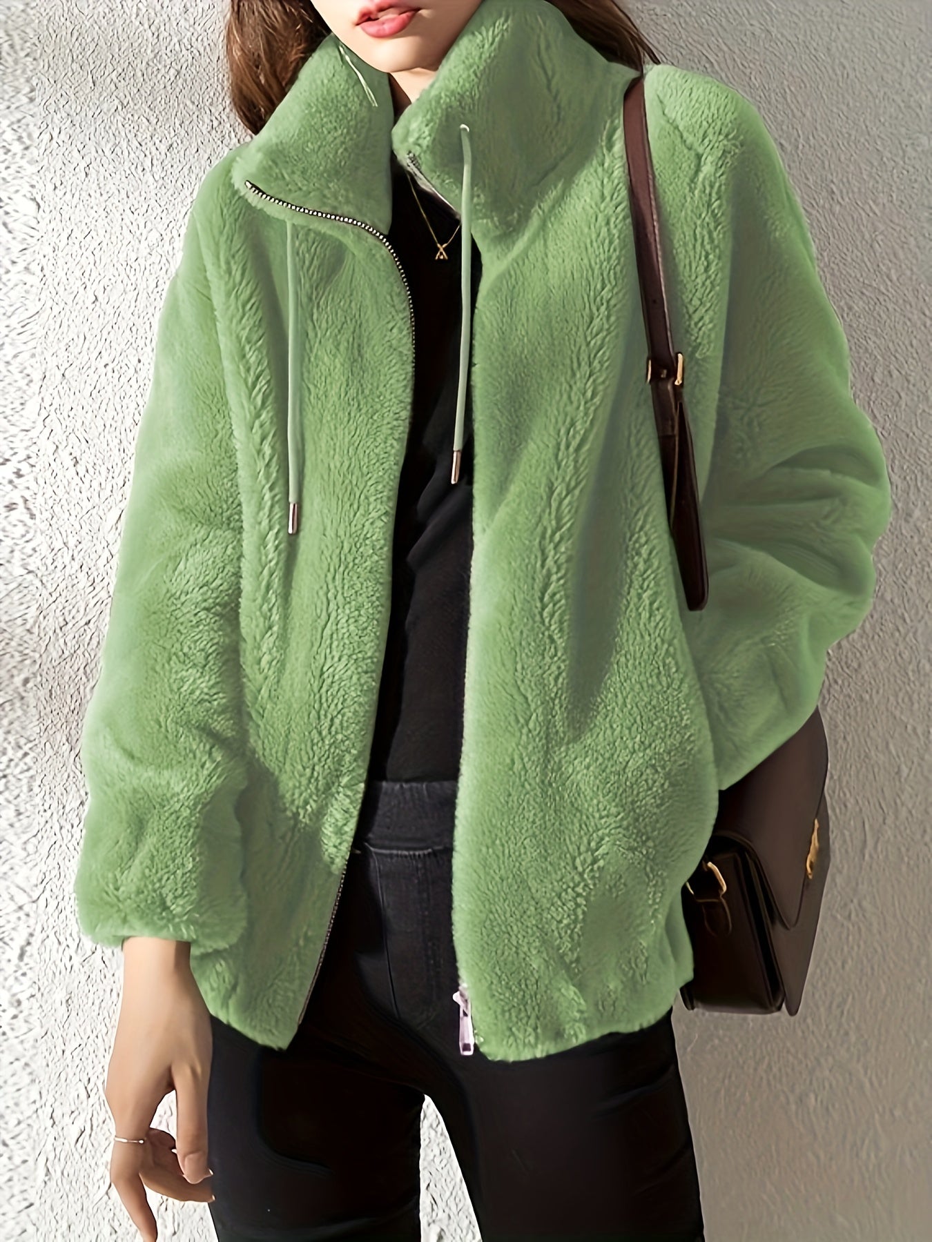 Women'S Plush Jacket - Soft Warm Winter Coat with Stand-Up Collar