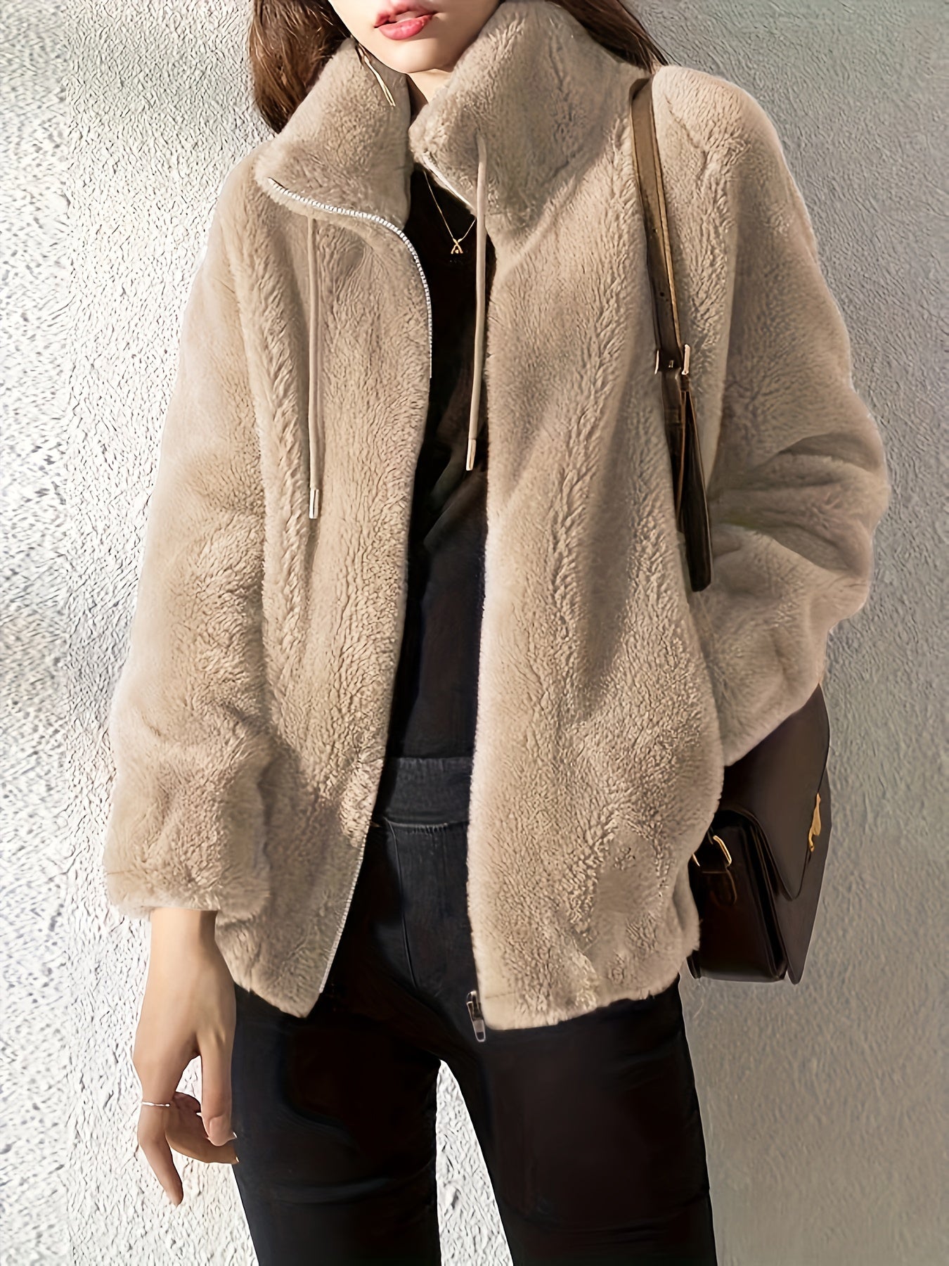 Women'S Plush Jacket - Soft Warm Winter Coat with Stand-Up Collar