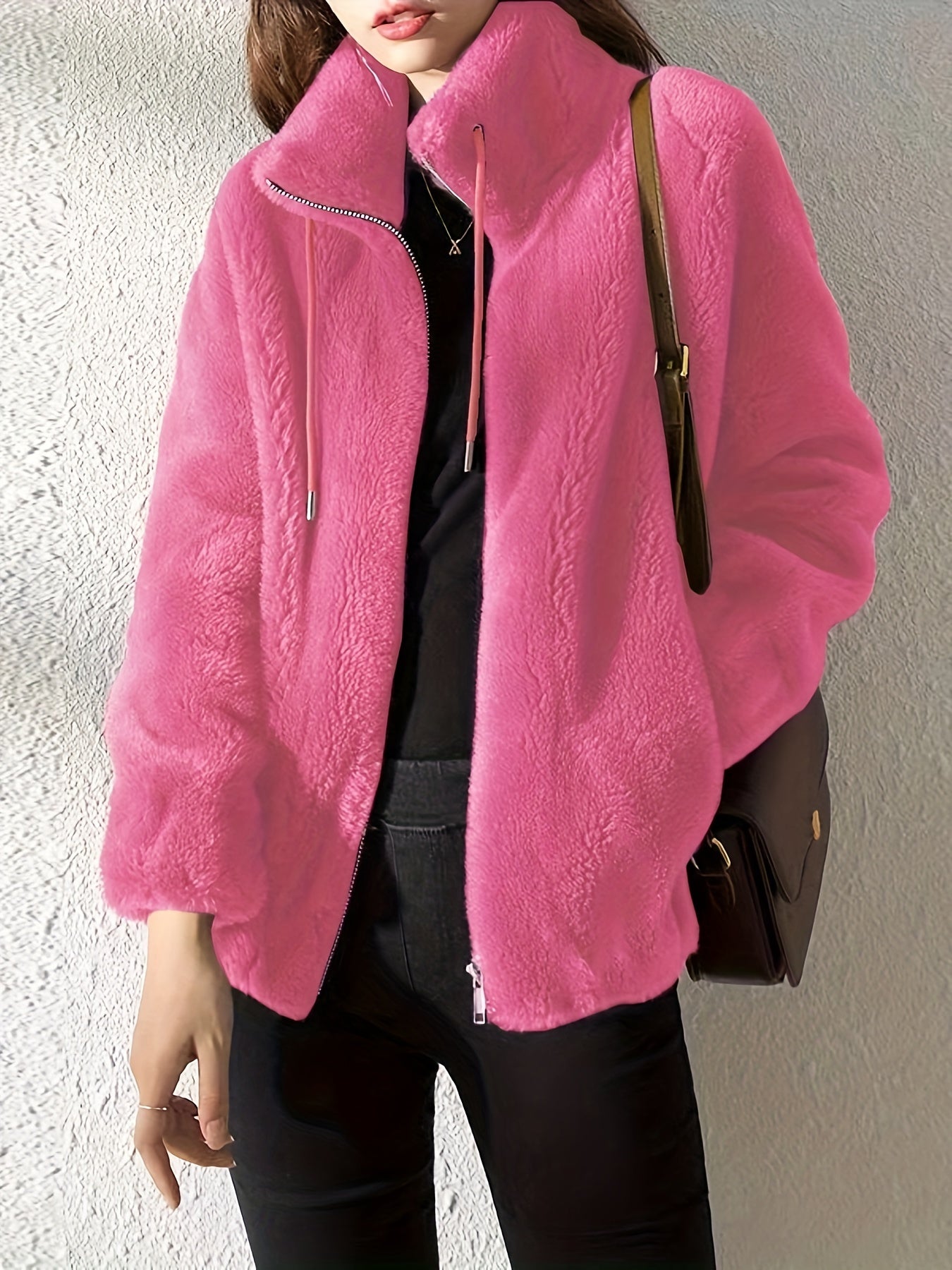 Women'S Plush Jacket - Soft Warm Winter Coat with Stand-Up Collar