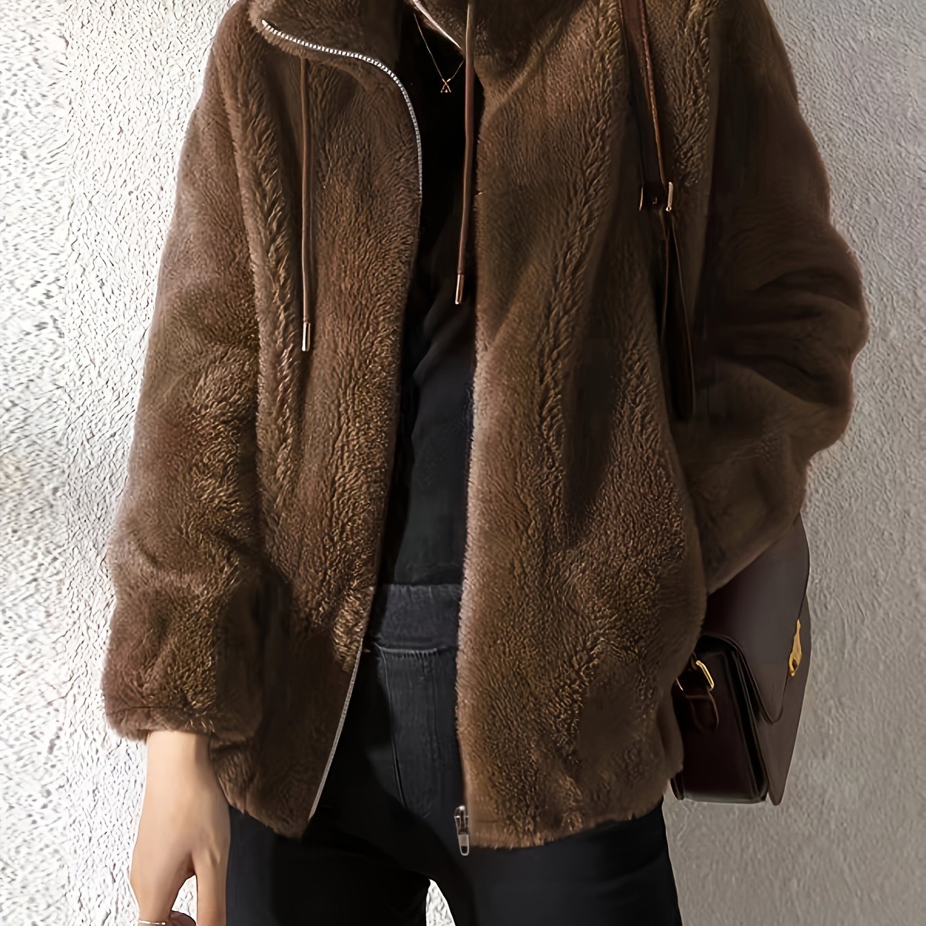 Women'S Plush Jacket - Soft Warm Winter Coat with Stand-Up Collar