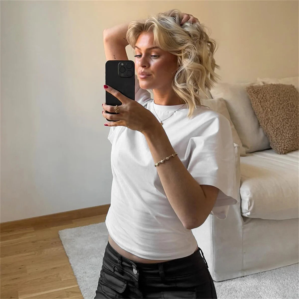 Women Solid Color Round Neck Front Shoulder Wide Long Sleeves Cinched Waist Slim Crop Top Daily Casual Simple Versatile Top