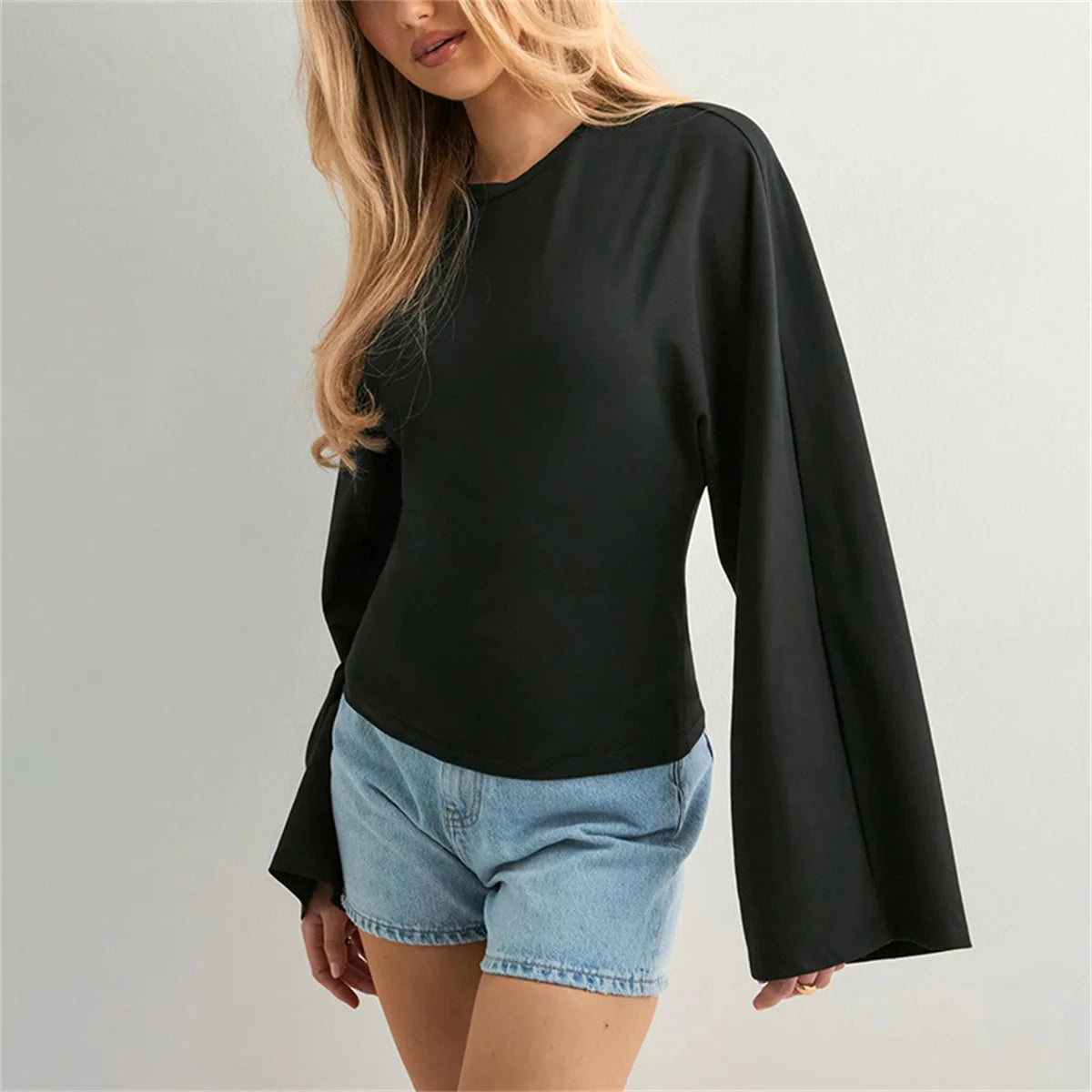 Women Solid Color Round Neck Front Shoulder Wide Long Sleeves Cinched Waist Slim Crop Top Daily Casual Simple Versatile Top