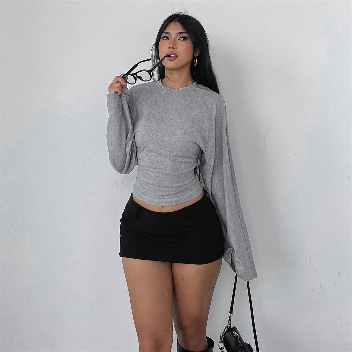 Women Solid Color Round Neck Front Shoulder Wide Long Sleeves Cinched Waist Slim Crop Top Daily Casual Simple Versatile Top