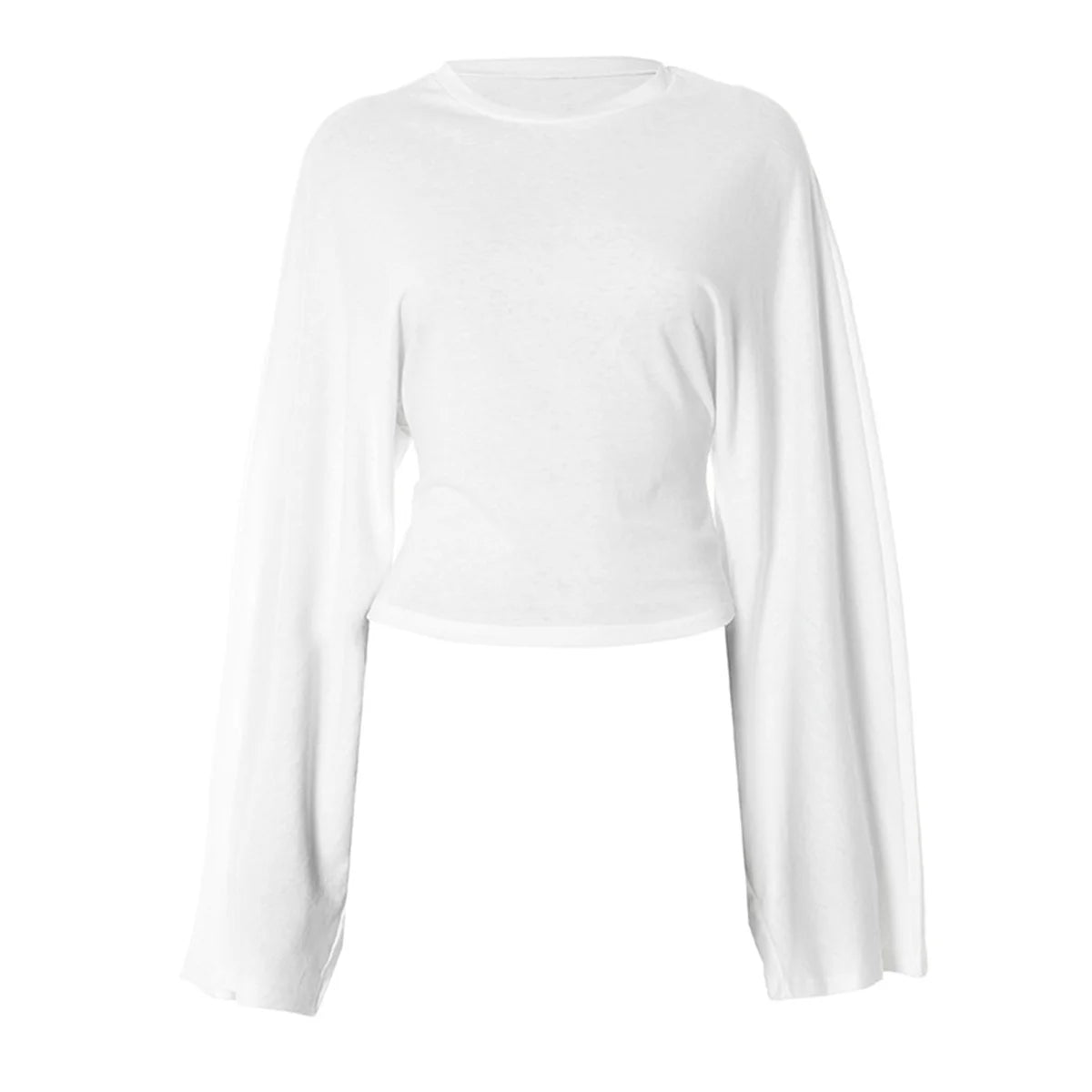 Women Solid Color Round Neck Front Shoulder Wide Long Sleeves Cinched Waist Slim Crop Top Daily Casual Simple Versatile Top