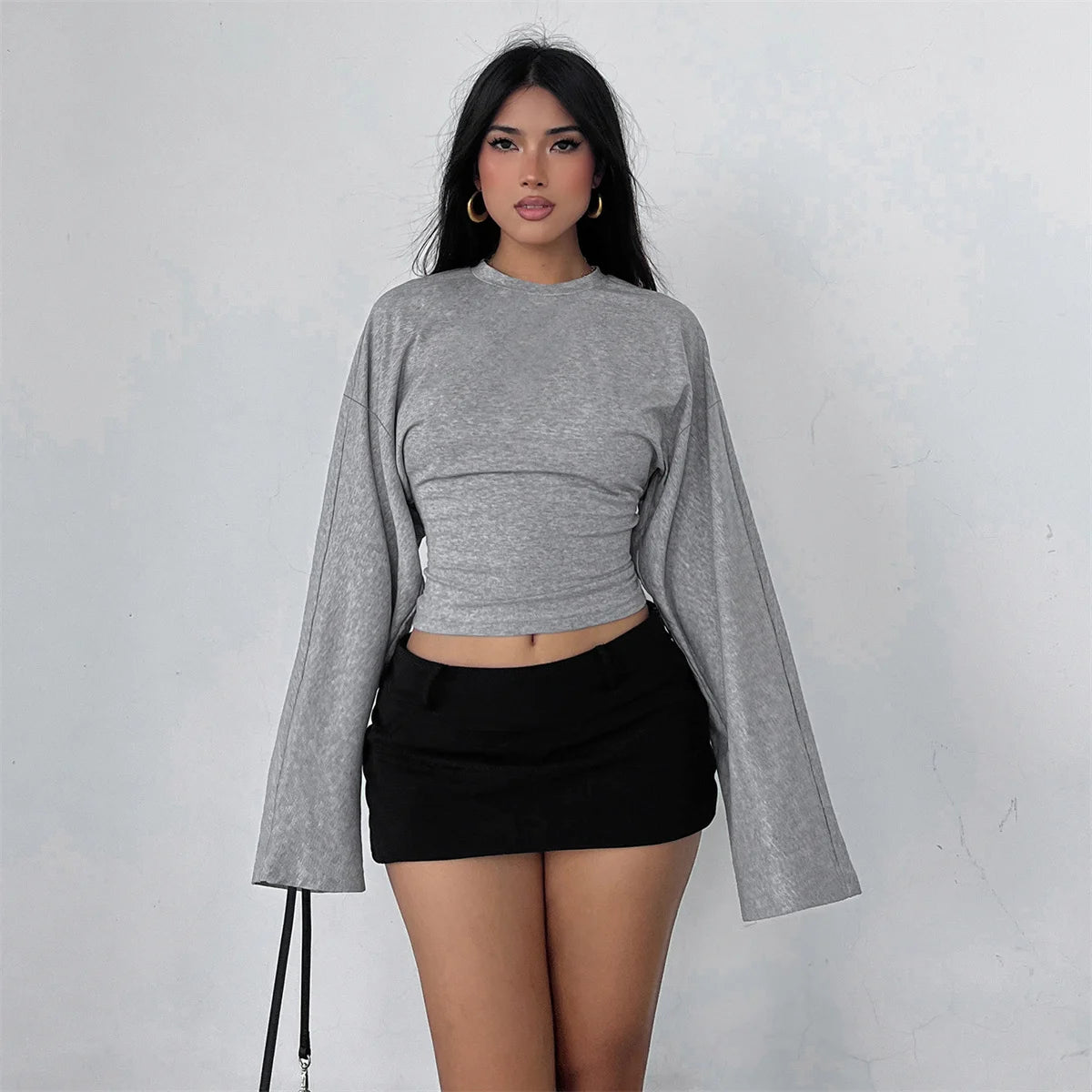 Women Solid Color Round Neck Front Shoulder Wide Long Sleeves Cinched Waist Slim Crop Top Daily Casual Simple Versatile Top
