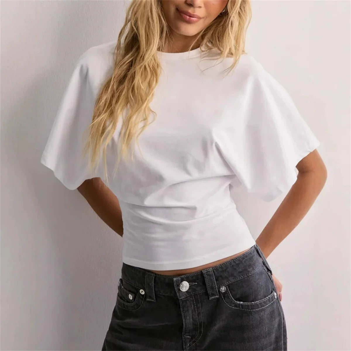 Women Solid Color Round Neck Front Shoulder Wide Long Sleeves Cinched Waist Slim Crop Top Daily Casual Simple Versatile Top
