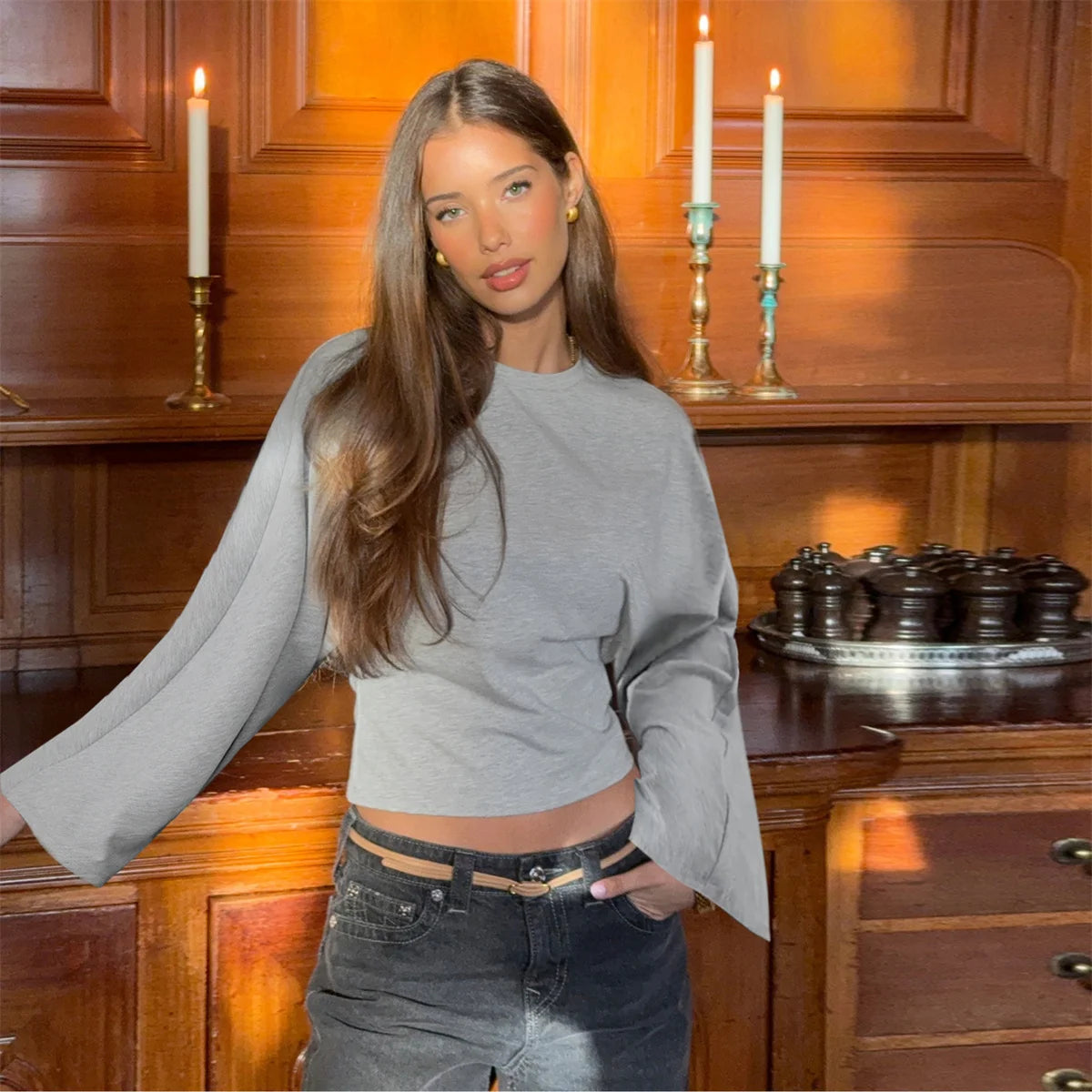 Women Solid Color Round Neck Front Shoulder Wide Long Sleeves Cinched Waist Slim Crop Top Daily Casual Simple Versatile Top