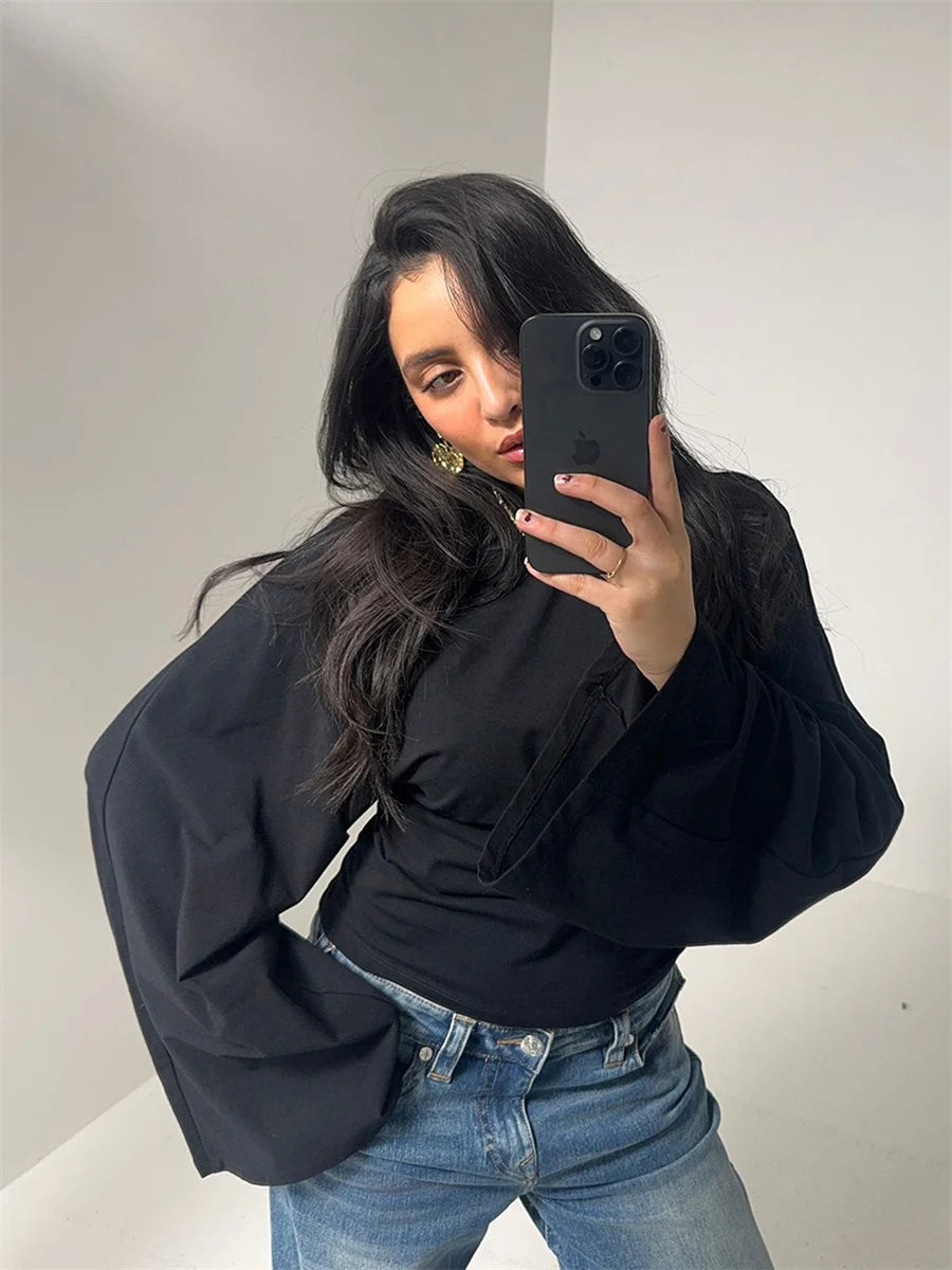 Women Solid Color Round Neck Front Shoulder Wide Long Sleeves Cinched Waist Slim Crop Top Daily Casual Simple Versatile Top