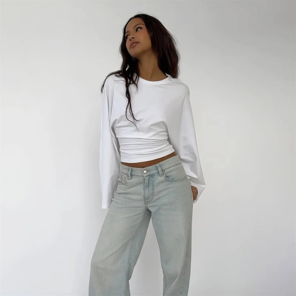 Women Solid Color Round Neck Front Shoulder Wide Long Sleeves Cinched Waist Slim Crop Top Daily Casual Simple Versatile Top