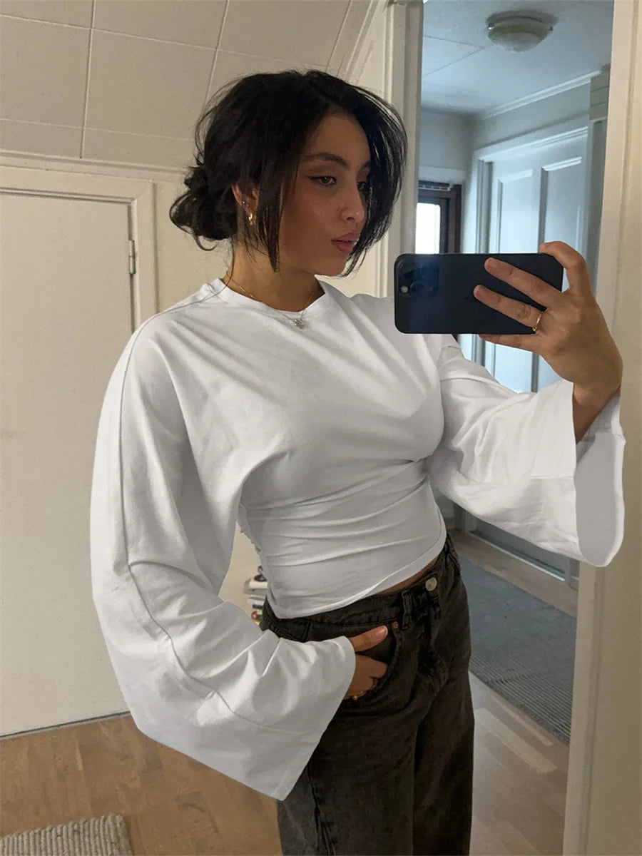 Women Solid Color Round Neck Front Shoulder Wide Long Sleeves Cinched Waist Slim Crop Top Daily Casual Simple Versatile Top