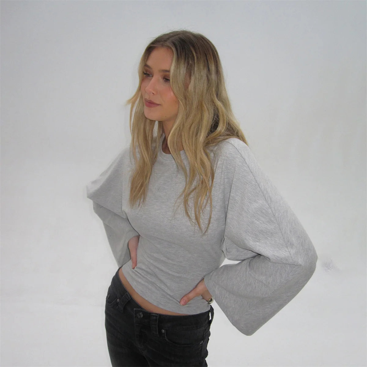 Women Solid Color Round Neck Front Shoulder Wide Long Sleeves Cinched Waist Slim Crop Top Daily Casual Simple Versatile Top