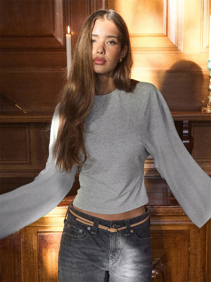 Women Solid Color Round Neck Front Shoulder Wide Long Sleeves Cinched Waist Slim Crop Top Daily Casual Simple Versatile Top