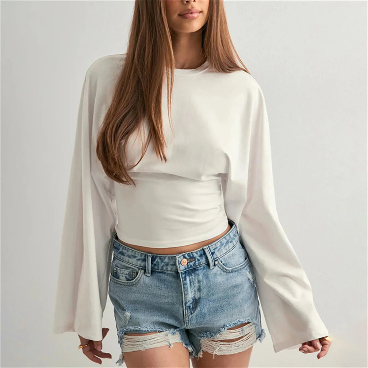 Women Solid Color Round Neck Front Shoulder Wide Long Sleeves Cinched Waist Slim Crop Top Daily Casual Simple Versatile Top