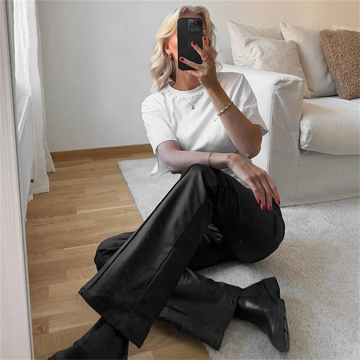 Women Solid Color Round Neck Front Shoulder Wide Long Sleeves Cinched Waist Slim Crop Top Daily Casual Simple Versatile Top