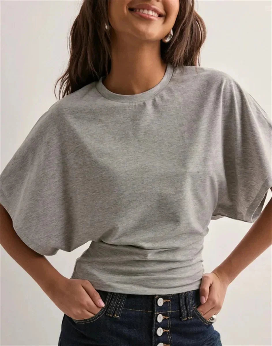 Women Solid Color Round Neck Front Shoulder Wide Long Sleeves Cinched Waist Slim Crop Top Daily Casual Simple Versatile Top