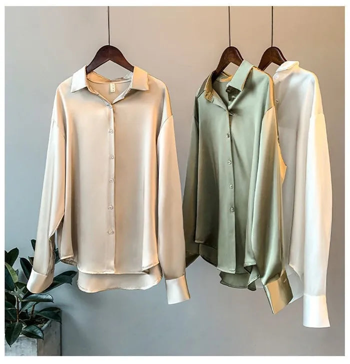 Elegant Satin Loose Women Shirt Spring Turn-down Collar Ladies Blouse Autumn Vintage Casual Button Silk Tops