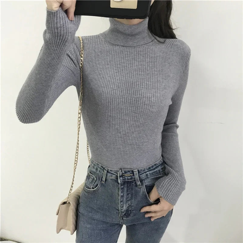 Winter Thick Sweater Women Knitted Ribbed Pullover Sweater Long Sleeve Turtleneck Slim Jumper Soft Warm Pull Femme