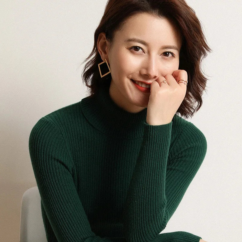 Korean slim fit women's pullover sweater knitted sweater pull up women's high neck sweater women