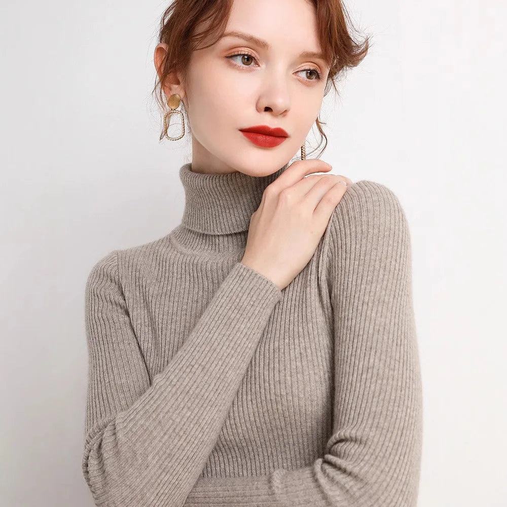 Korean slim fit women's pullover sweater knitted sweater pull up women's high neck sweater women