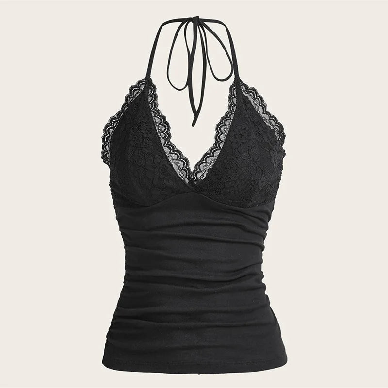 Lace Patchwork Halter Top Women Solid Ruched Backless Sleeveless Tank Top Streetwear Y2K Clothes