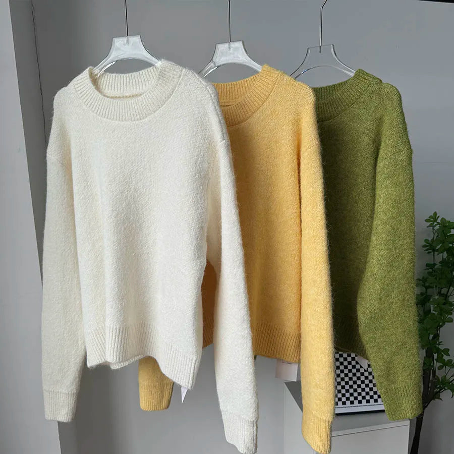 Basic O Neck Basic Sleeve Sweater Women Oversized Short Knitted Wool Pullover Female Casual Thick Warm Soft Top