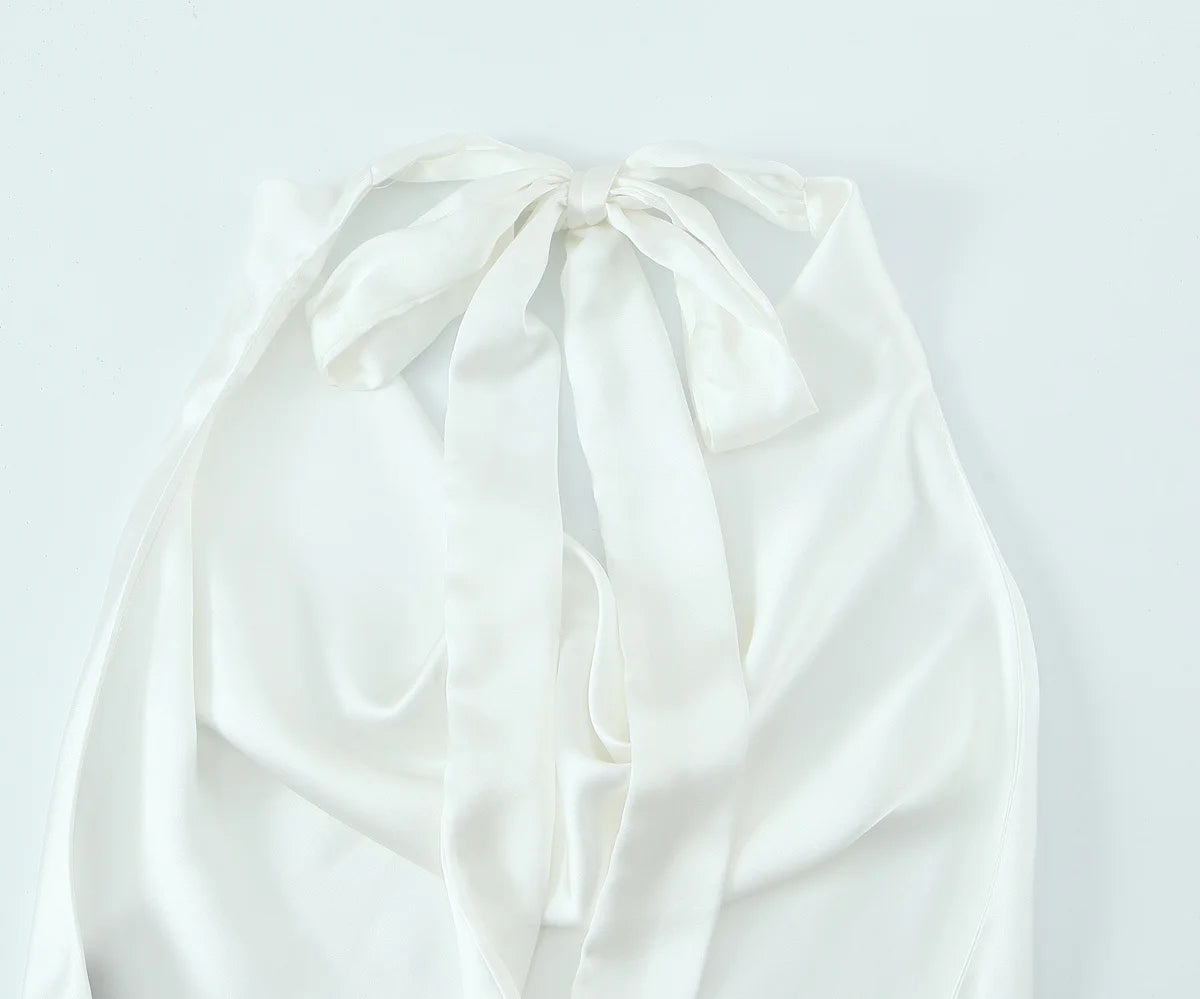 Women Satin Halter Top with Adjustable Tie Sleeveless Open Back Solid Collar Vest Summer Beach Style Casual Blouse