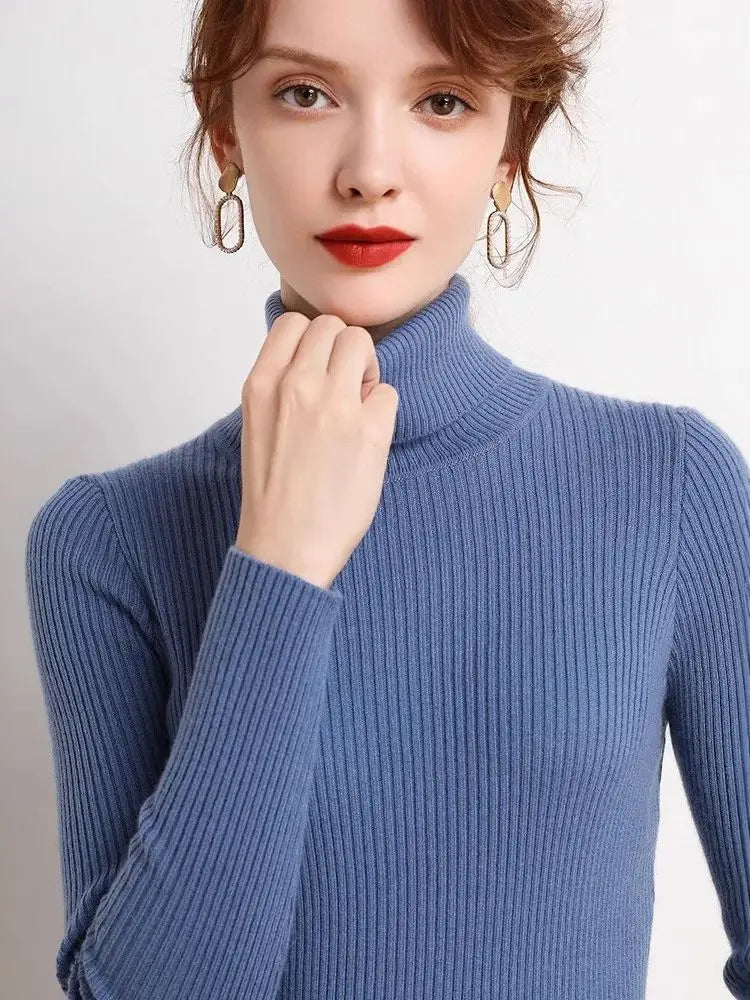 Korean slim fit women's pullover sweater knitted sweater pull up women's high neck sweater women