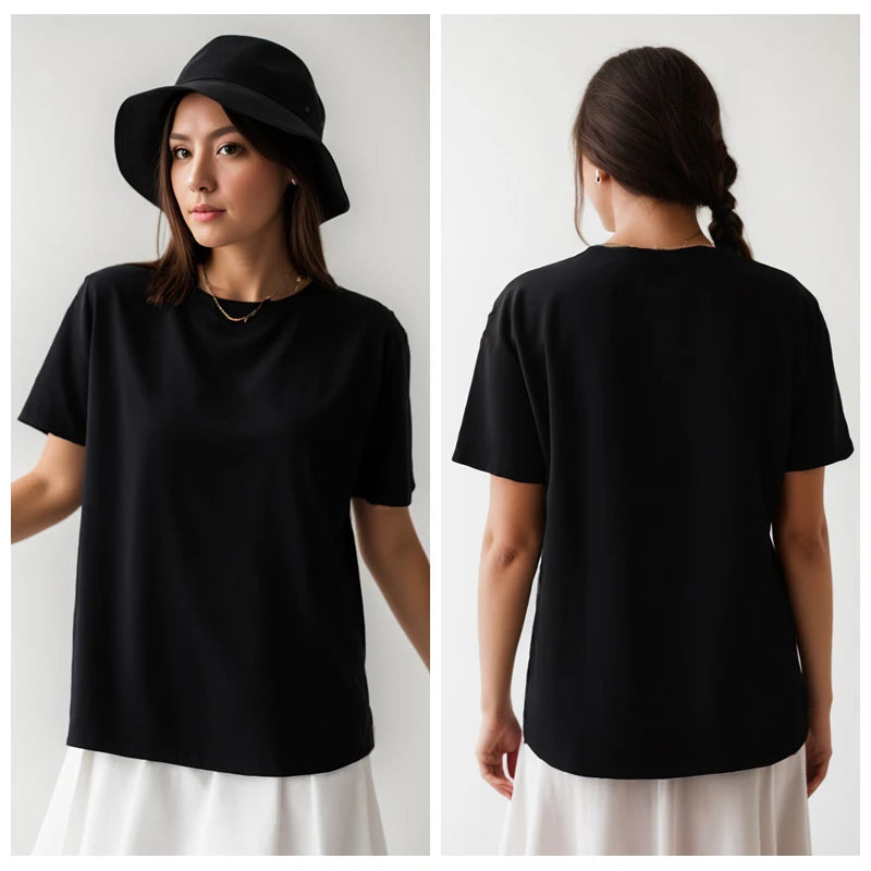 Heavy T-shirt Casual Comfortable Tee Shirt Black & White O-neck Woman Clothing