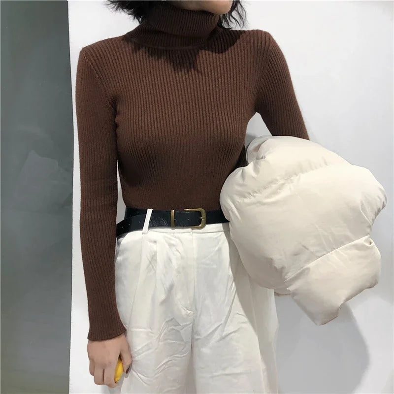 Winter Thick Sweater Women Knitted Ribbed Pullover Sweater Long Sleeve Turtleneck Slim Jumper Soft Warm Pull Femme