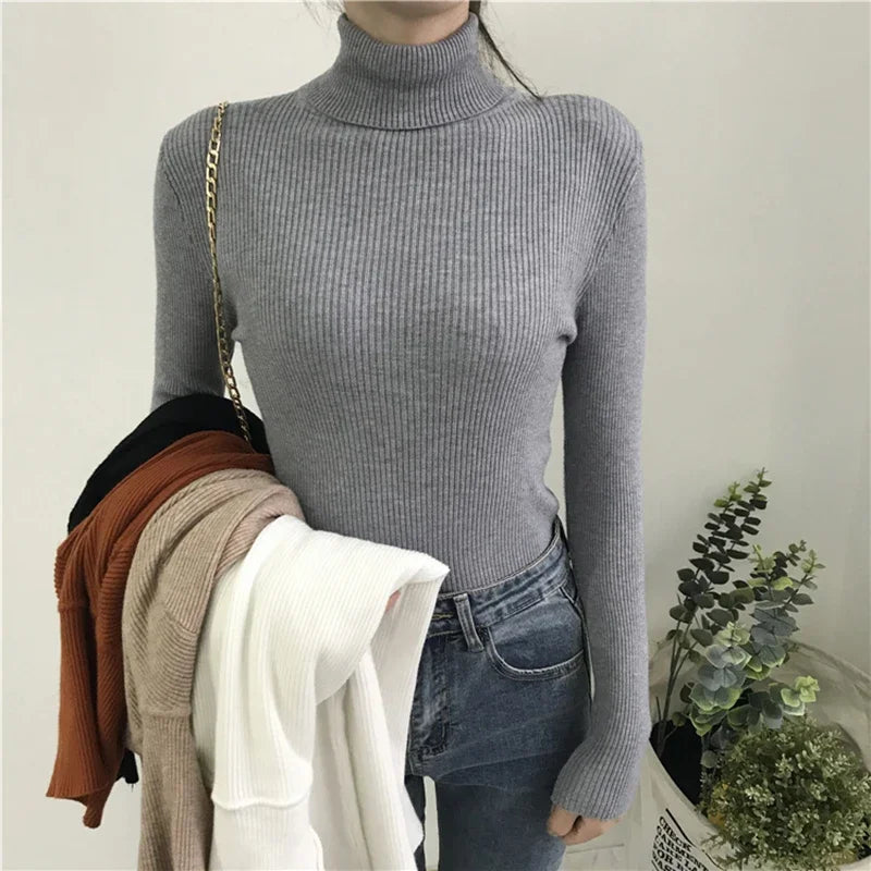 Winter Thick Sweater Women Knitted Ribbed Pullover Sweater Long Sleeve Turtleneck Slim Jumper Soft Warm Pull Femme