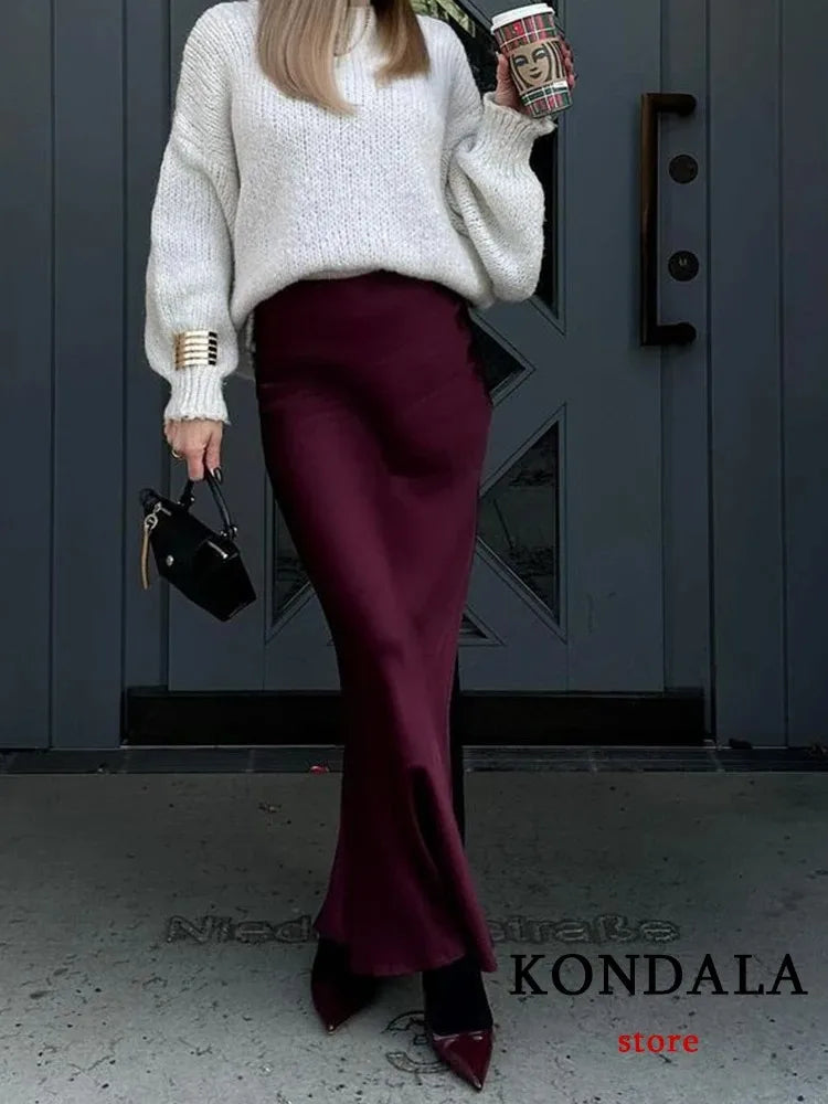 Vintage Satin Solid Long Skirts Women High Waist Elastic Silky Skirts Fashion 2025 Spring Elegant Straight Skirt