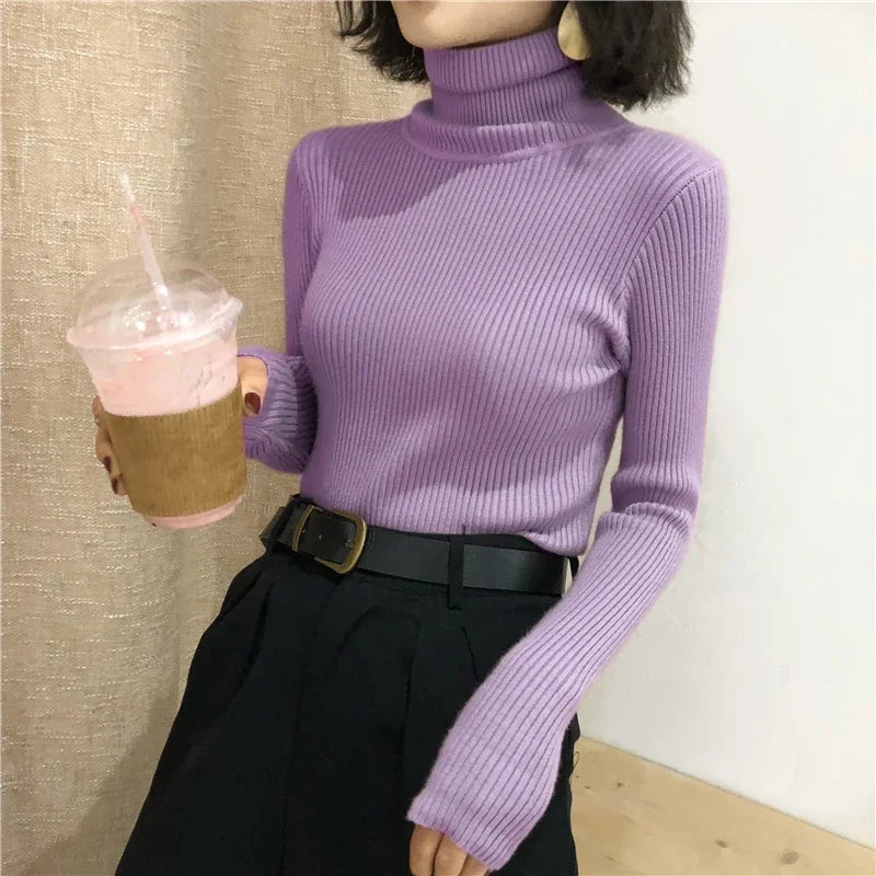 Winter Thick Sweater Women Knitted Ribbed Pullover Sweater Long Sleeve Turtleneck Slim Jumper Soft Warm Pull Femme