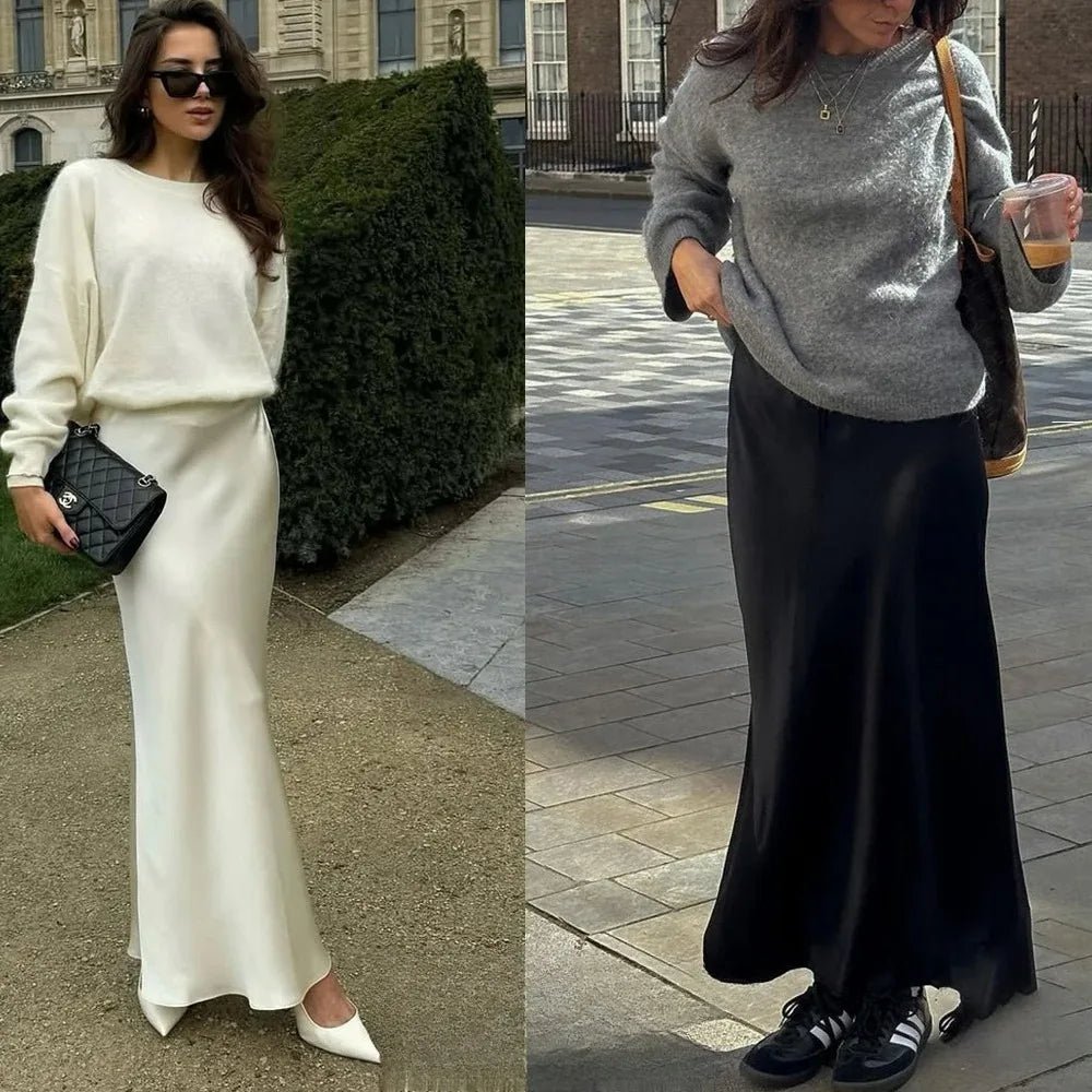 Vintage Satin Solid Long Skirts Women High Waist Elastic Silky Skirts Fashion 2025 Spring Elegant Straight Skirt