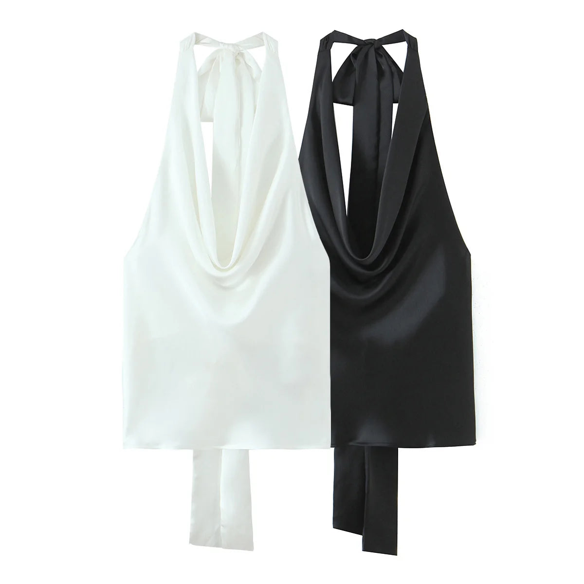 Women Satin Halter Top with Adjustable Tie Sleeveless Open Back Solid Collar Vest Summer Beach Style Casual Blouse