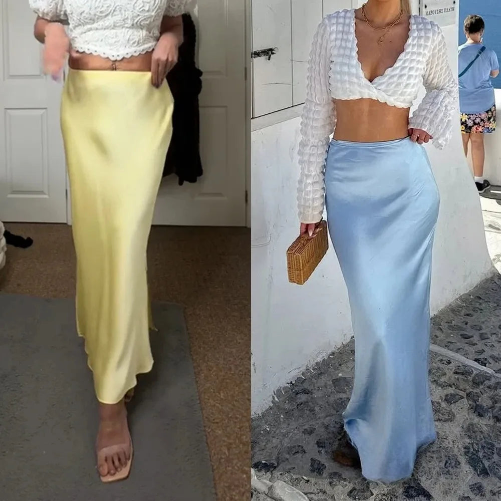 Vintage Satin Solid Long Skirts Women High Waist Elastic Silky Skirts Fashion 2025 Spring Elegant Straight Skirt
