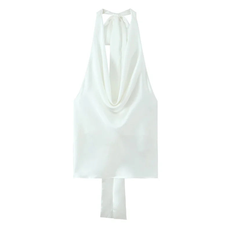 Women Satin Halter Top with Adjustable Tie Sleeveless Open Back Solid Collar Vest Summer Beach Style Casual Blouse