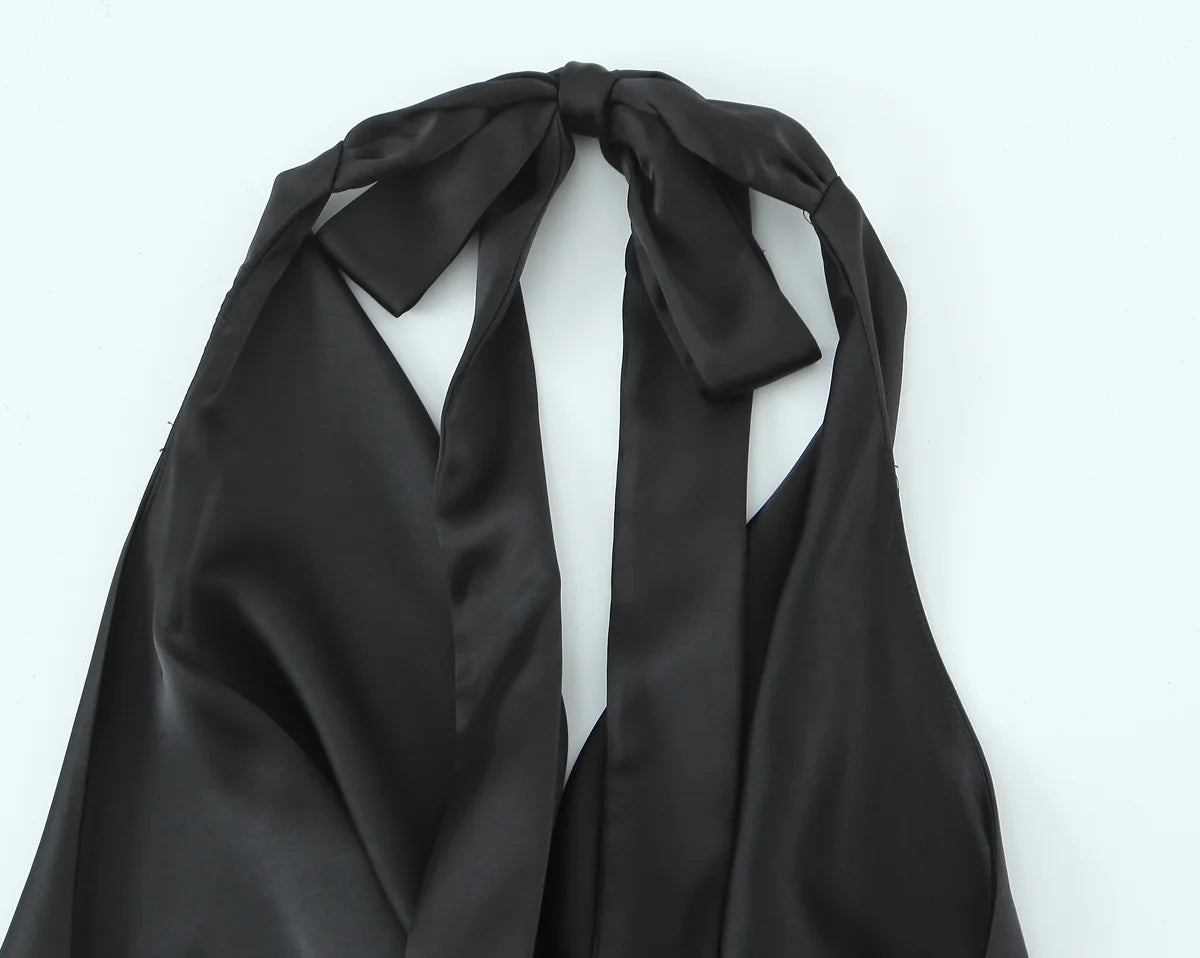 Women Satin Halter Top with Adjustable Tie Sleeveless Open Back Solid Collar Vest Summer Beach Style Casual Blouse