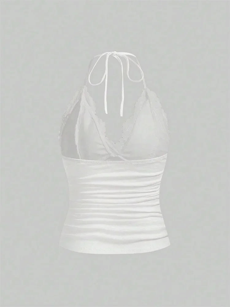 Lace Patchwork Halter Top Women Solid Ruched Backless Sleeveless Tank Top Streetwear Y2K Clothes