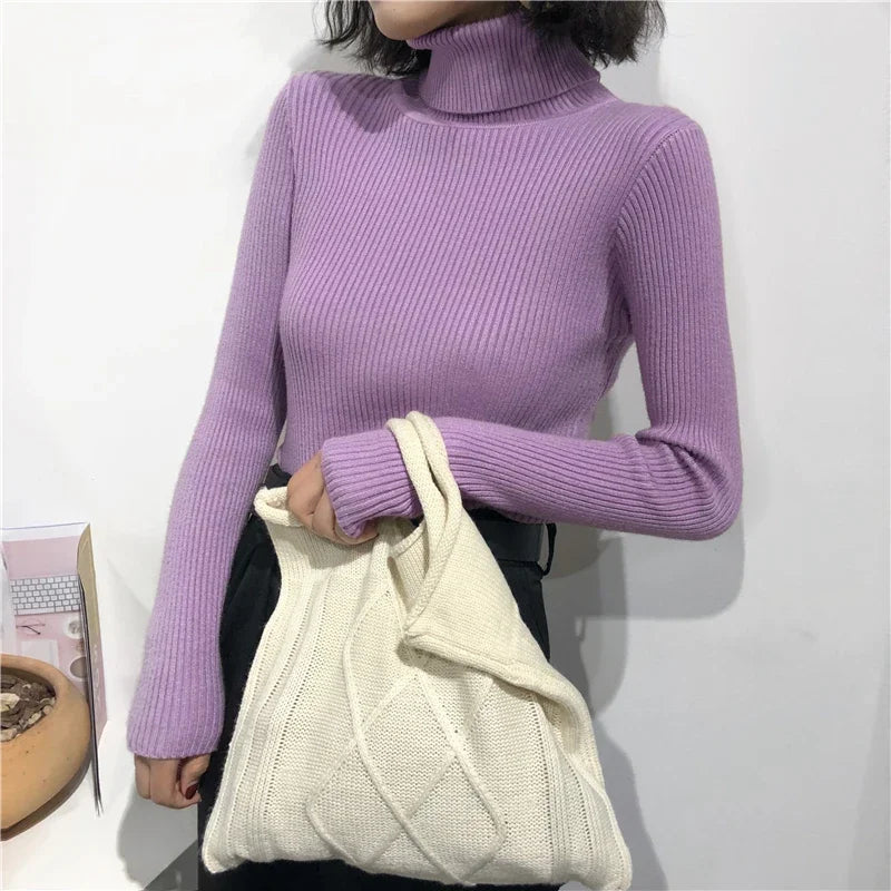 Winter Thick Sweater Women Knitted Ribbed Pullover Sweater Long Sleeve Turtleneck Slim Jumper Soft Warm Pull Femme