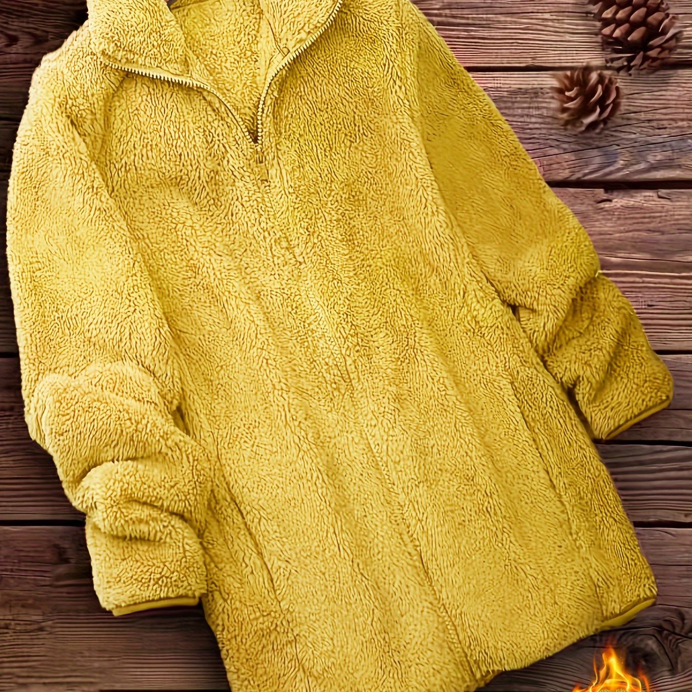 Zip Up Solid Teddy Coat, Casual Long Sleeve Winter Outerwear, Women's Clothing