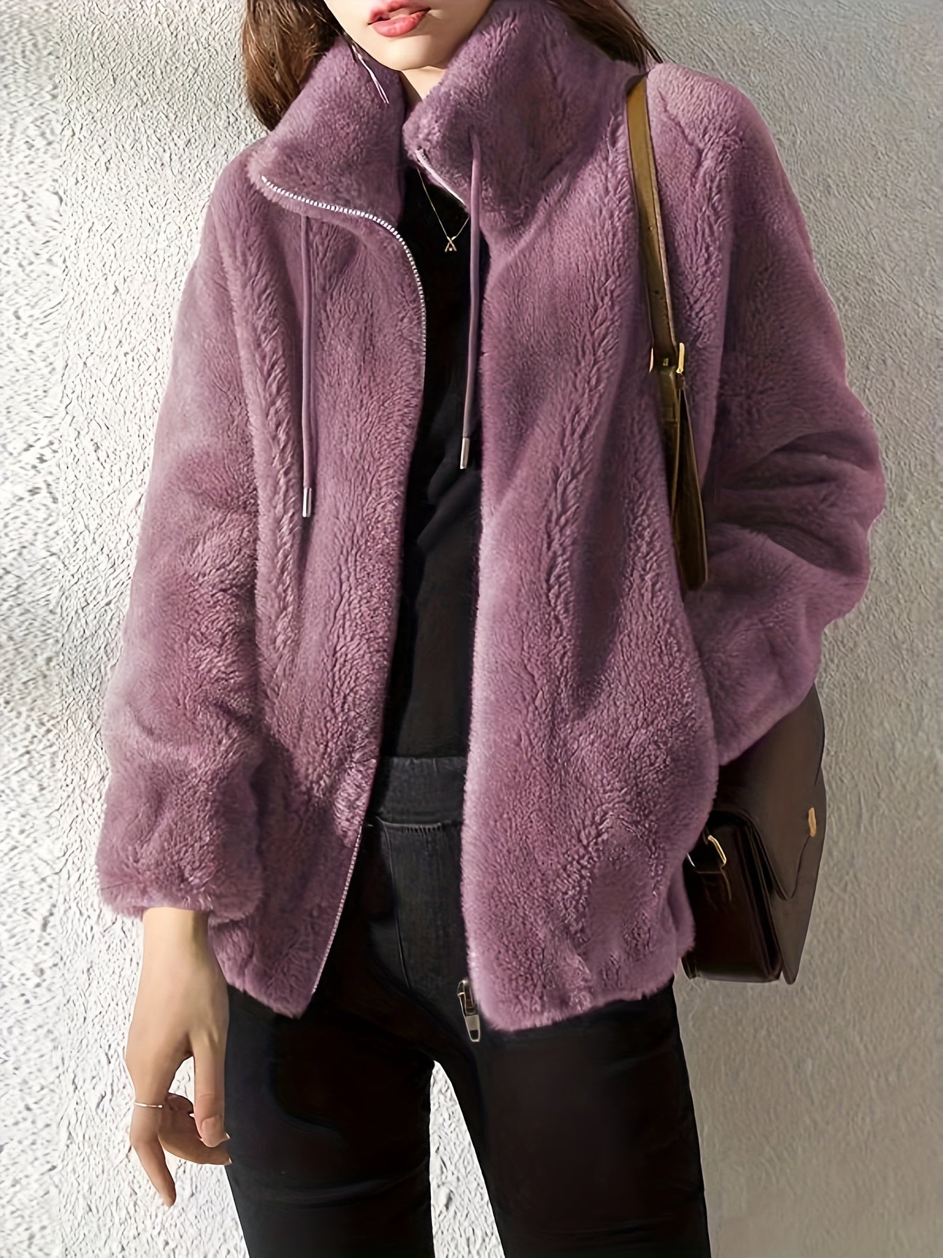 Women'S Plush Jacket - Soft Warm Winter Coat with Stand-Up Collar