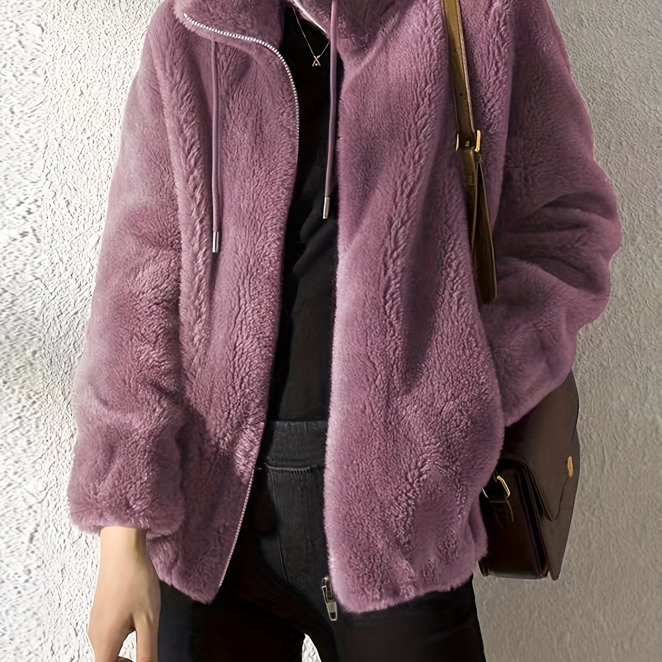 Women'S Plush Jacket - Soft Warm Winter Coat with Stand-Up Collar