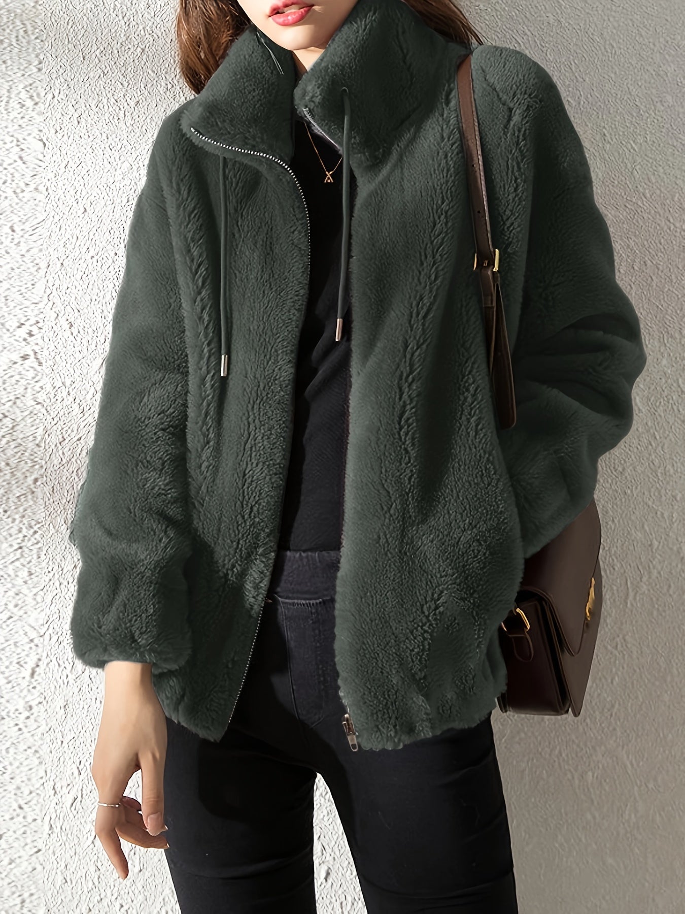 Women'S Plush Jacket - Soft Warm Winter Coat with Stand-Up Collar