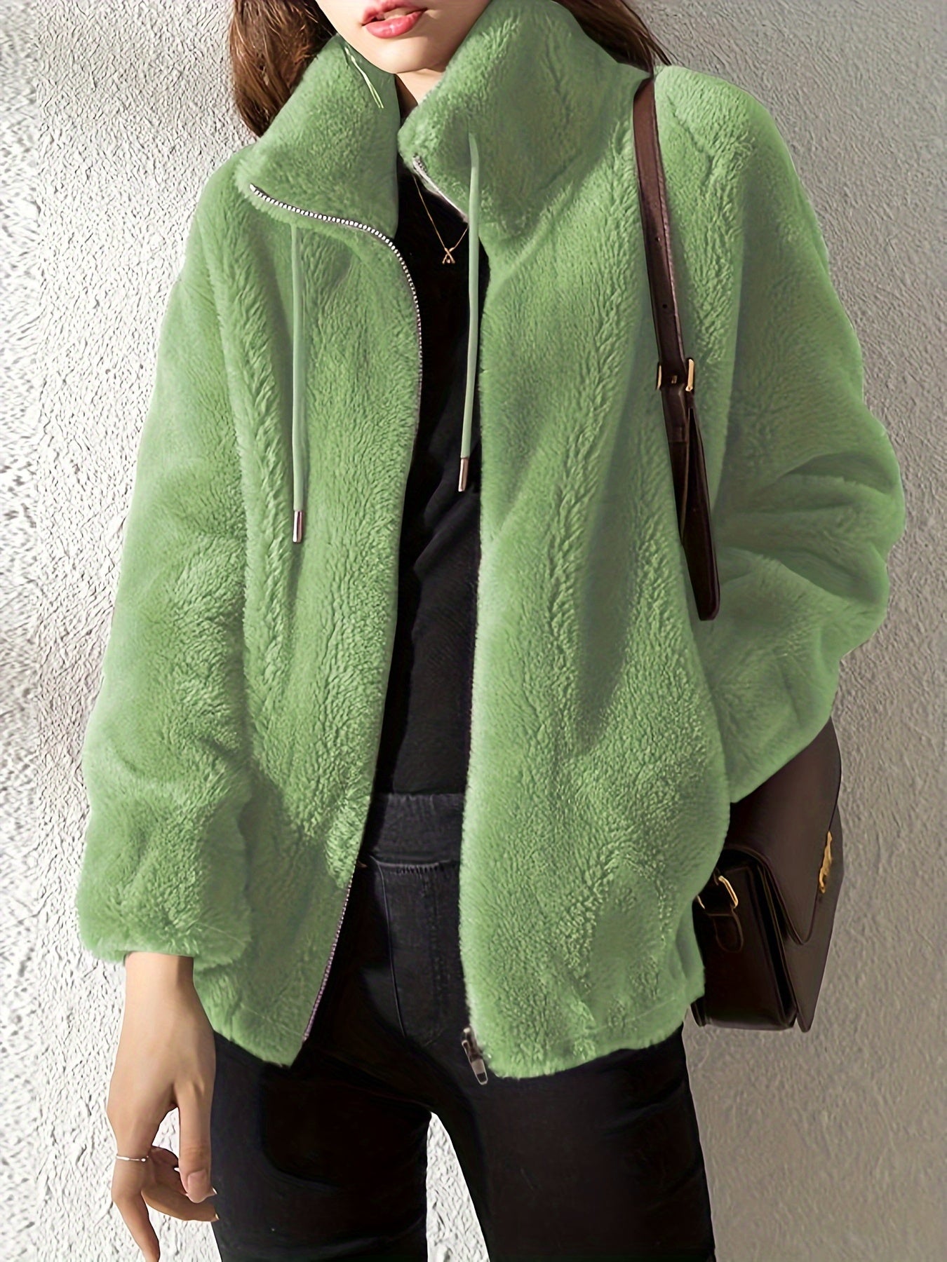 Women'S Plush Jacket - Soft Warm Winter Coat with Stand-Up Collar