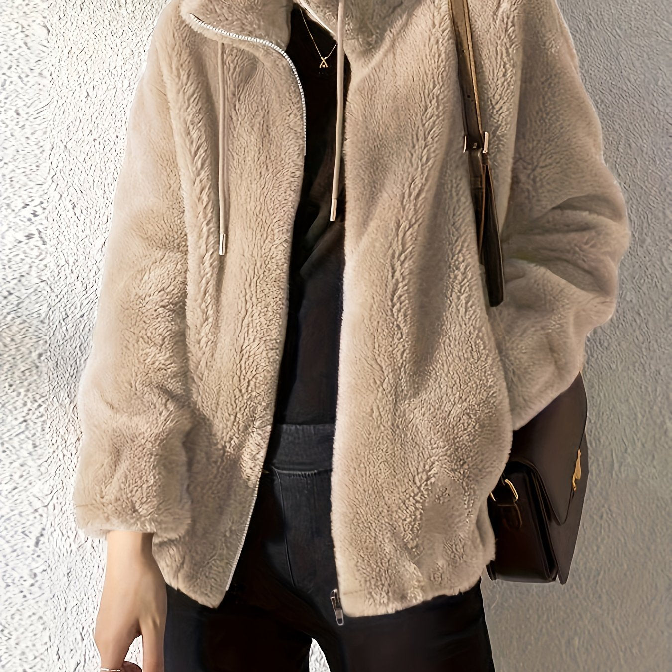 Women'S Plush Jacket - Soft Warm Winter Coat with Stand-Up Collar