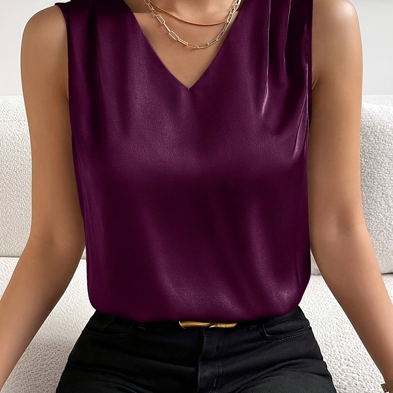 Women's Elegant Sleeveless V-Neck Summer Party Dress - Solid Color Backless Blouse